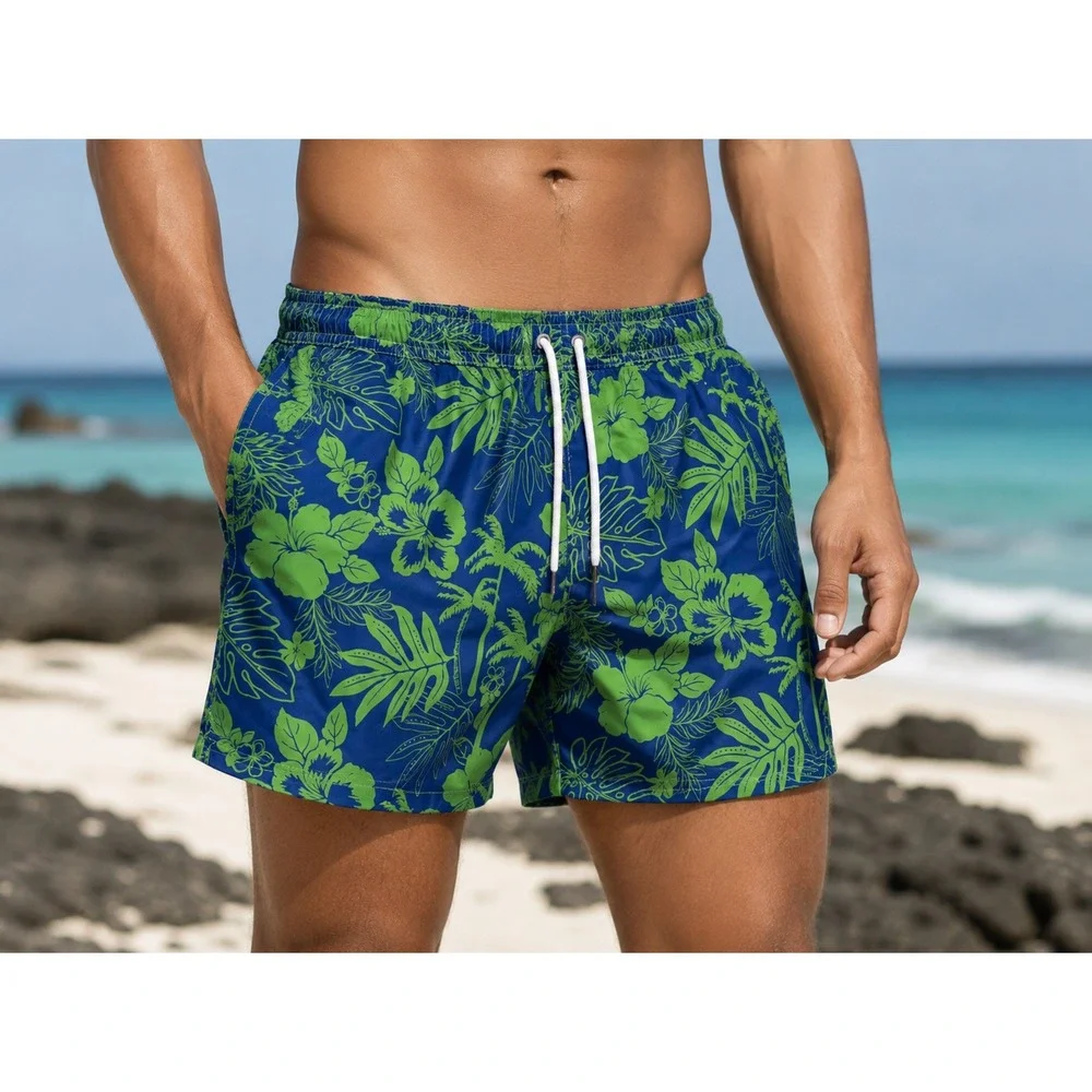 Trunks Surf & Swim Co Mens Large Blue Green Floral Tropical Hibiscus Swim Trunks